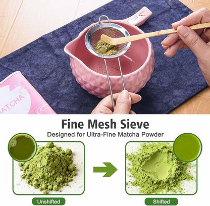 Matcha Whisk Bowl Set, 7PCS All-in-One Japanese Tea Set Includes Matcha Bowl with Spout, Bamboo Whisk (Chasen) with Stand, Scoop, Sifter, Complete Kit for Ceremony, Gift for Matcha Tea Lovers（Pink)