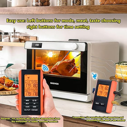 Wireless Meat Thermometer for Grilling and Smoking, Food Thermometer for BBQ Smoker Oven Cooking Steak, Grill Thermometer for Outside Grill with 4 Meat Probes, Kitchen Timer