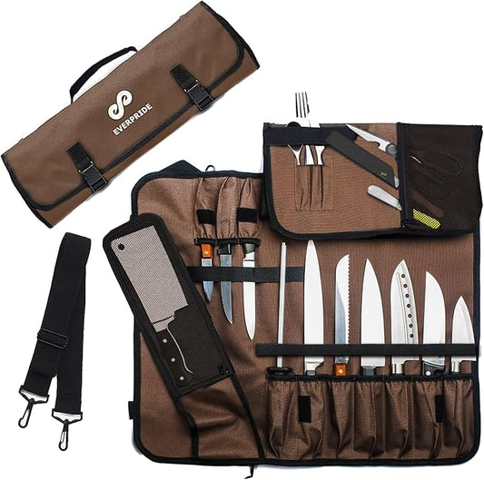 EVERPRIDE Chef Knife Roll Bag Holds 10 Knives – Contains 2 Large Zippered Pockets for Meat Cleavers and Cooking Tools – Durable Knife Carrier Case for Chefs and Culinary Students – Knives Not Included