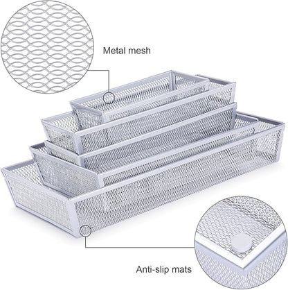 WuGeShop Mesh Silverware Tray Drawer Organizer, Kitchen Utensils Flatware with Anti-slip Mats, Silverware Storage Cutlery Tray for Knives Fork Spoon (5 Separate Compartments, Silver)