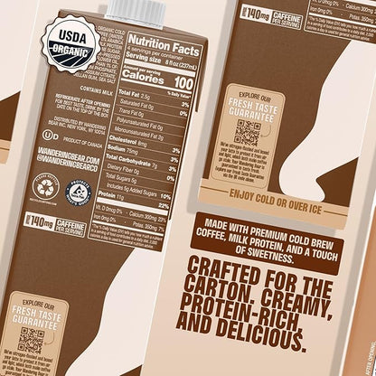 Wandering Bear Double Latte Organic Cold Brew Coffee — 32 fl oz, 3 pack - Creamy High-Protein Cold Brew Latte, 11 g Protein, Only 100 Calories, 5 g Sugar, Double Shot Strength (Shelf-Stable)