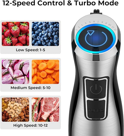 KOIOS Immersion Blender, 1100W 5-in-1 Multi-Purpose Hand Blender, 12-Speed, 600ml Beaker, 500ml Chopper, Egg Whisk, Milk Frother, Black