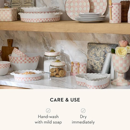 MACKENZIE-CHILDS Set of 2 Ceramic Farmhouse Canisters, Kitchen Storage Containers with Lids, Pink-and-White Rosy Check