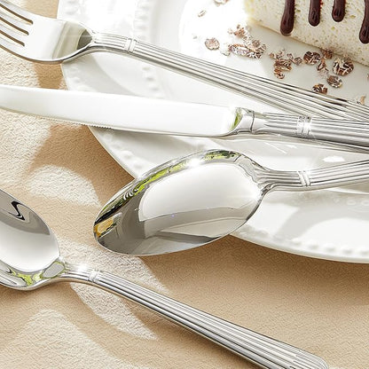 KINGSTONE 5-Piece Silverware Set, 18/10 Stainless Steel Flatware Set - Luxury Elegant Striped Cutlery with Dishwasher Safe, Durable for Family Dining, Catering, Weddings, Anniversaries Gift