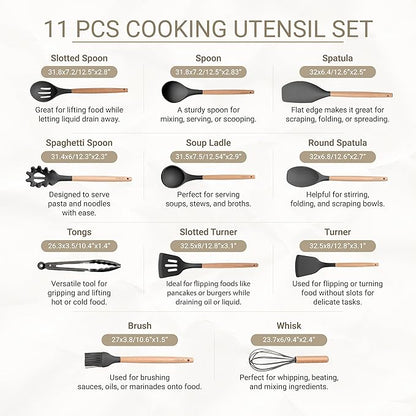 11-Piece Silicone Kitchen Utensils Set with Non Toxic Spatula, Tongs, Whisk, Turner & Ladle – Heat Resistant, Non-Scratch Cooking Tools with Wooden Handles, BPA-Free, Dishwasher Safe (Black)
