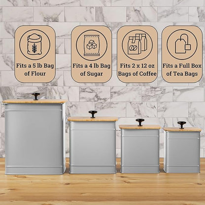 Kitchen Canisters for Countertop Set of 4 with Customizable Chalkboard Labels & Marker Pen - Big Iron Kitchen Canisters with Airtight Lids - Gray Canister Set - Flour and Sugar Containers Farmhouse