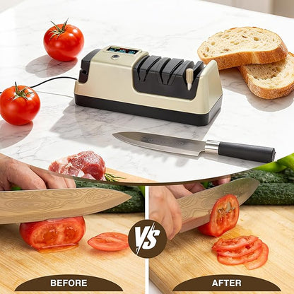 Light Blonde 5 in 1 Electric Knife Sharpener with LCD Screen for Kitchen Knives, 3 Rotational Speed Electric kitchen Knife Sharpener for Straight,Serrated, Ceramic Knives,Scissors & Axes