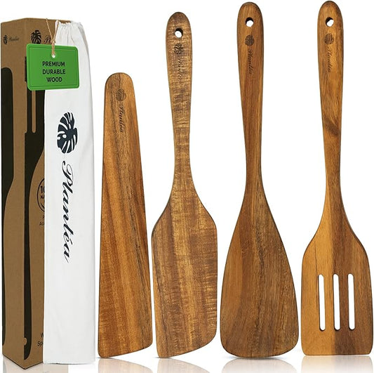 Wooden Spatula for Cooking – 4 Piece Acacia Wood Spatula for Non-Stick Cookware – Durable & Easy to Clean - Comfortable Handle, Ideal Kitchen Gift