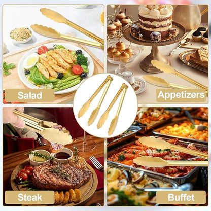 4 Pack Gold Tongs for Serving Food, 9 Inch Serving Tongs, Gold Buffet Tong Stainless Steel Utensils, Metal Kitchen Tong for Salad, Steak, Appetizer, Snack and Small Food (GOLD, 9INCH)