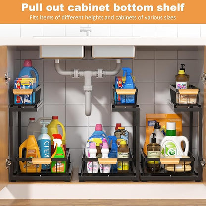 Under Sink Organizer, 2-Tier Metal Pull Out Cabinet Organizer Shelf Kitchen Bathroom Organizers and Storage with Sliding Drawer Undersink Pantry Cabinet Closet