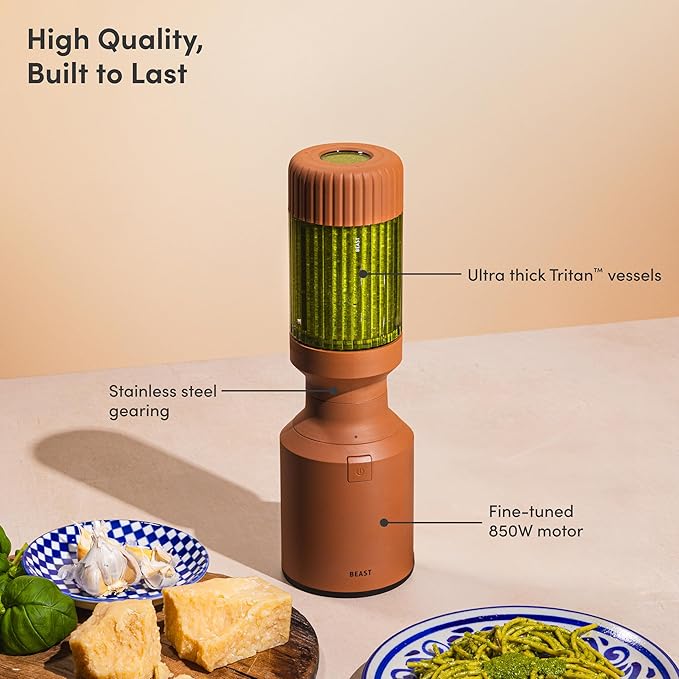 Beast Mighty 850 Plus | Premium Compact Personal Blender | Smoothies, Shakes, Dressings, Sauces | Blends Ice and Frozen Fruit | New XL Vessel | Extra Vessels, Lids and Straws | 850W (Terra)
