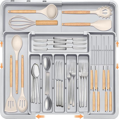 Silverware Drawer Organizer for Kitchen, Adjustable Utensil Drawer Organizer with 2 Knife Block, BPA Free Flatware and Cutlery Holder, Expandable Plastic Storage for Spoons Forks Knives(Grey)