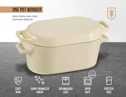 KooK Dutch Oven, for Bread Baking, Sourdough Loaf Pan, with Lid, Dual Handles, Enameled Cast Iron, includes Lid Lever, Dishwasher Safe, 3.4 Qt, Ivory