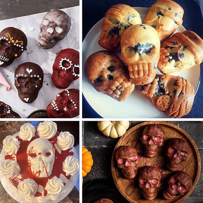 Sakolla Large Skull Cake Pan Silicone Mold, 2 Pack 6 Cavity Halloween Skull Cakelet Chocolate Molds Candy Pizza Baking Molds Handmade Soap Tray