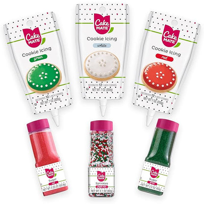 Cake Mate Christmas Decorating Kit – Red & Green Decorating Sugar (2.25 oz), White, Red & Green Cookie Icing Pouches (7 oz), Jingle Mix Non Pareil (2.1 oz) – Holiday Cookie, Cake, Cupcake & Dessert