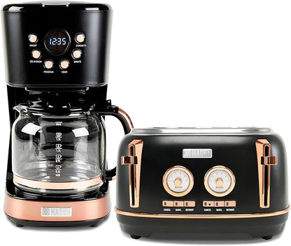 Haden Dorset 4 Slice Wide Slot Stainless Steel Toaster Bundled with 12 Cup Programmable Drip Coffee Maker Coffee Machine, Black & Copper