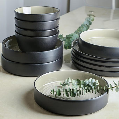 Stone Lain Elica 24-Piece Modern Dinnerware Set Stoneware, Plates and Bowl Sets for 8, Beige and Black