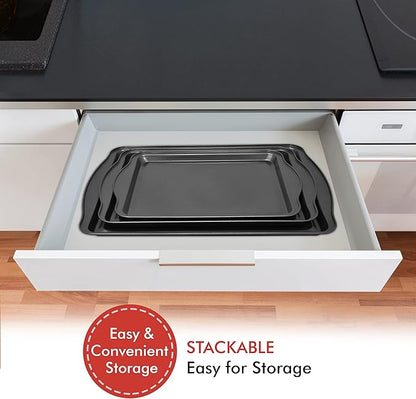 Perlli Cookie Sheets for Baking Non Stick Oven Pan Tray Baking Sheet 3-Piece Set (Small, Medium & Large) Carbon Steel BPA Free Cooking and Baking Trays for Cakes and Cookies