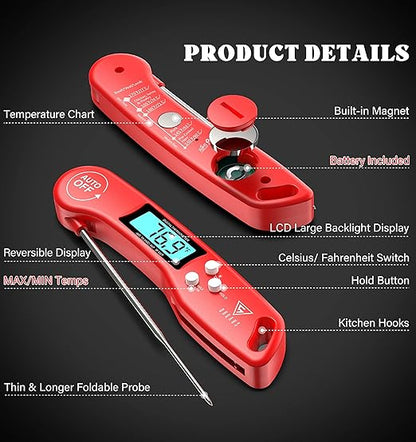 DOQAUS Digital Meat Thermometer, Instant Read Food Thermometers for Cooking, Kitchen Probe with Backlit & Reversible Display, Wide Temperature Range for Turkey, Grill, BBQ, Baking, Bread, Sourdough