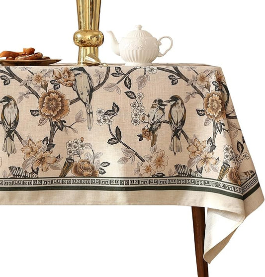 ISAENNE Designer Vintage Linen Rectangular Tablecloth,Floral and Bird Pattern Elegant Table Cloth,Fall Wrinkle Resistant Decor Tablecloths for Dining Kitchen Party Christmas,55"*87"-Murad A