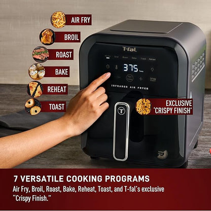 T-fal Infrared Air Fryer, 2x Faster Than Traditional Heating*, Large Air Fryer Toaster Oven Combo, 6 Qt Digital Touch Screen, 7-in-1 Cooking Functions, No-Shake Technology, 1550W, Black,