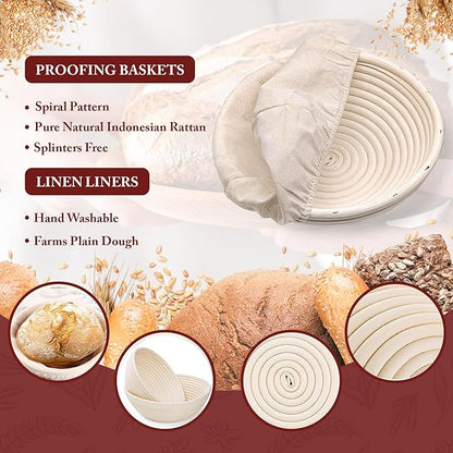 Banneton Bread Proofing Baskets - 2 Pcs 9 Inch Round Bread Proofing Baskets with liner, Plastic Scraper & Oil Brush | Ideal Gift for Bakers