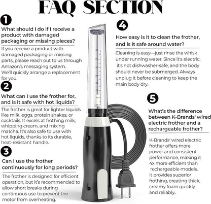 K-Brands Corded Electric Milk Frother with Plug in - Handheld Electric Whisk Stirrer Whipper - Foam Maker for Coffee, Latte, Cappuccino, Hot Chocolate – Powerful Drink Mixer