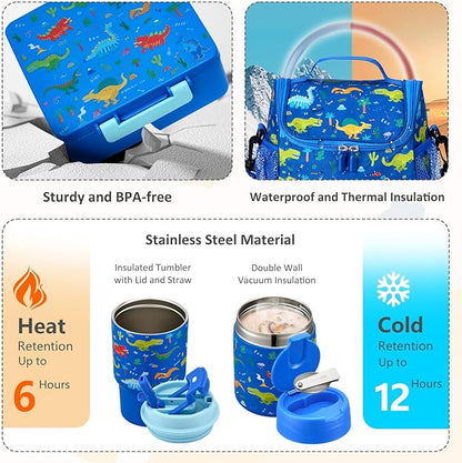 Lunch Box Set with Bento Box Container, 17OZ Stainless Steel Food Soup Thermo, Kids Water Bottle & Portable Insulated Lunch Bag, Leakproof, Hot/Cold Retention for School, Travel (Dinasour)