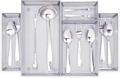 WuGeShop Mesh Silverware Tray Drawer Organizer, Kitchen Utensils Flatware with Anti-slip Mats, Silverware Storage Cutlery Tray for Knives Fork Spoon (5 Separate Compartments, Silver)