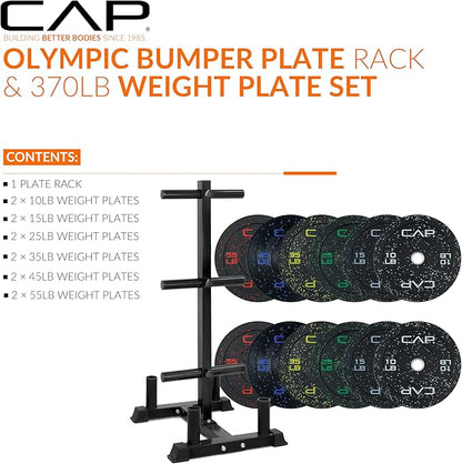 CAP Barbell 2-Inch Olympic Bumper Plate Weight Set with 6 Post Rack | 100-370 lbs | Multiple Options