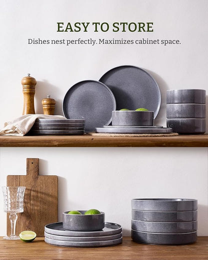 Famiware Annecy Plates and Bowls Sets, 12 Pieces Dinnerware Sets, Microwave and Dishwasher Safe Dishes Set for 4, Chip and Scratch Resistant, Misty-Blue