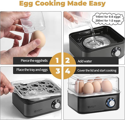 Annie & Mia Design Electric Egg Cooker, Stainless Steel 8 Egg Capacity egg boiler, 500W, Hard, Medium, Soft Boiled Egg Poacher, egg steamer, Multi-function, Knob Auto Shut-Off Function (Black)