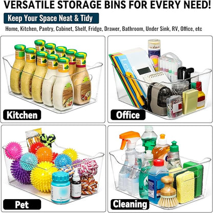 12 PACK Multi-Use Clear Plastic Storage Bins for Organizing w/ Labels - Home, Kitchen, Pantry, Bathroom, Office, Cabinet Shelf Organizer Bins - SOHO Collection, RV, Fridge Organization Containers -XL