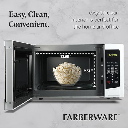 Farberware 1.1 Cu. Ft. Countertop Microwave Oven – 1000 Watts Power, Auto Cook Settings, Defrost, Easy Clean and Child Safety Lock-White
