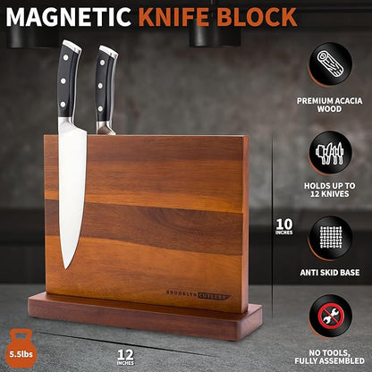 Magnetic Knife Block, Acacia Wood Magnetic Knife Holder for Kitchen Counter Universal Knife Block Without Knives (12 x 10)