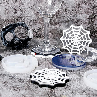 Halloween Coaster Resin Mold, 6Pcs Coaster Silicone Molds for Epoxy Resin, Skull Spider Web Cemetery Coaster Mold for Epoxy Casting, Jewelry Storage Candle Holder Mold for Craft Home Halloween Decor