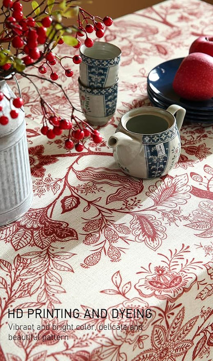 ISAENNE Designer French Linen Small Square Tablecloth,Red Floral Washable Indoor Table Cloth,Durable Home Decor Tablecloths for Dining Thanksgiving Kitchen Tea Party Christmas,55"*55"-Ruyi A