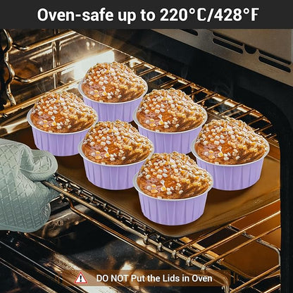 EUSOAR Disposable Ramekins with Lids, 5oz 100pcs Muffin Liners Cups with Lids, Creme Brulee Foil Ramekins, Aluminum Foil Cupcake Baking Cups, for Party Favor Birthday -Light Purple
