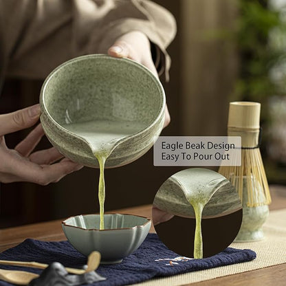 Matcha Whisk Set – 8 Pcs Matcha Set with Ceramic Bowl with Spout, Bamboo Whisk, Holder, Scoop, Sifter, and Tea Towel – Complete Japanese Matcha Kit for Ceremony and Gift (Matcha Green)