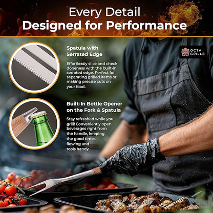 3-Piece BBQ Utensil Set – Premium Stainless Steel Grill Tools with Extra Wide Spatula - Pakka Wood Handles & Leather Hanging Loops (Spatula, Tongs & Fork)