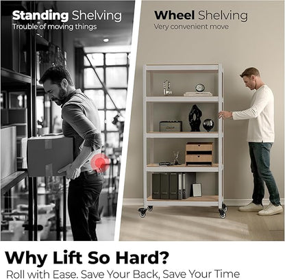 HOMEDANT House White 5-Tier Metal Rolling Cart Shelf Rack Casters Heavy Duty Wheel Shelving Unit Adjustable Utility Storage Shelves Organizer Shelf Kitchen Garage 24.4" W x 16.5" D x 62.2" H 1Pack