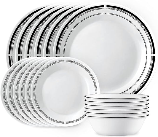 Corelle 18-Piece Round Dinnerware Set Service for 6, Lightweight Round Plates and Bowls Set, Vitrelle Triple Layer Glass, Chip and Scratch Resistant, Microwave and Dishwasher Safe, Brasserie