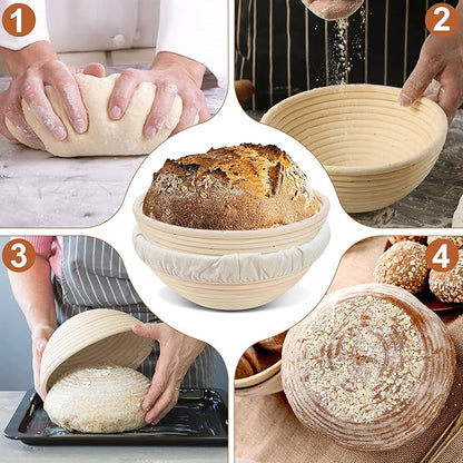 Banneton Bread Proofing Basket: 2 Pcs 8.5-inch Round Rattan Bread Bowls with Liners for Artisan Sourdough Bread Making for Home Bakers and Professionals