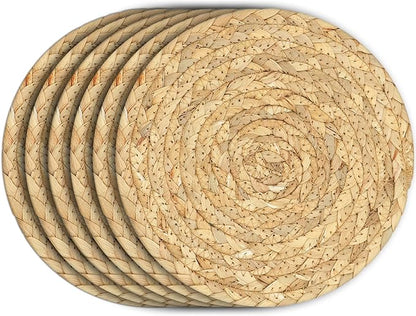 Boho Trivets for Hot Dishes, Pots and Pans, Farmhouse Water Hyacinth Hot Pads 8 Inch, Straw Pot Holders for Kitchen, Rustic Braided Heat Resistant Mat, Jute Coasters Set Wicker Decor (Natural 6 Pcs)