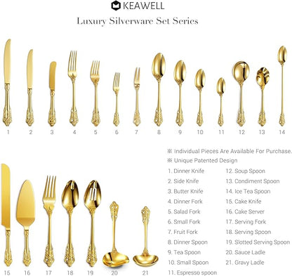 KEAWELL Luxury 20 Pieces 18/10 Stainless Steel Flatware set, Service for 4, silver plated with gold accents, Fine Silverware set and Dishwasher Safe (Gold)