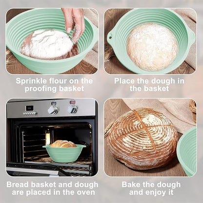 Upgraded Silicone Sourdough Bread Proofing Basket with Handles - Reinforced Rim Support, 9 Inch Round Foldable Bowls for Sourdough Bread Baking, Oven & Dishwasher Safe-BPA Free (Green)