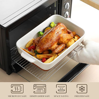 MALACASA Baking Dish with Rack, 4.8 Qt Ceramic Roasting Pan with Stainless Steel Drip Rack, 9x13 Inch Deep Casserole Dish with Handles, Oven Safe Lasagna Pan for Baking & Serving (Khaki & White) - Series Tara