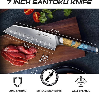 FINTISO Santoku Knife 7 inch Kitchen Knife S35VN Powder Steel Core for Meats Vegetables, 7-Layers Clad Steel Japanese Chef Knife Super Sharp Chopping Knife with Celestial Resin & Wood Handle Best Gift
