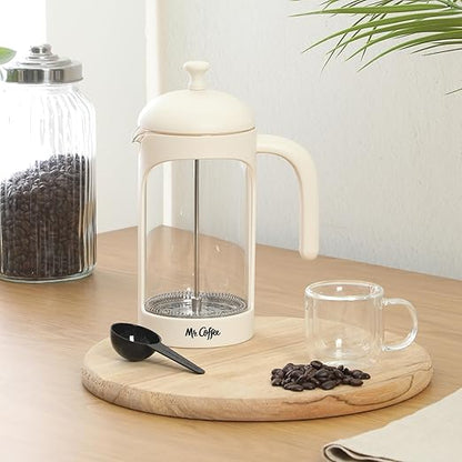Mr. Coffee Retro Brew French Press Coffee Maker, 31-Ounce Glass Carafe with High Heat Resistant Durable Borasilicate Glass & Cream Frame and Plunger, Includes Coffee Scoop