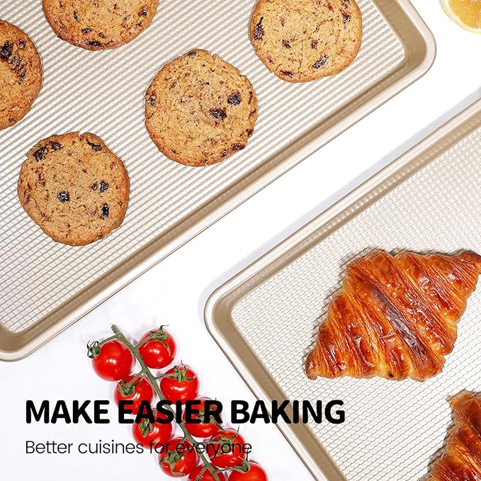 Vinino Baking Sheet Set of 2, Cookie Sheets For Baking with Square Texture Pattern, Thicker Carbon Steel Non-stick Baking Pan Quarter/Jelly Roll Pans Tray for Oven 15-GD